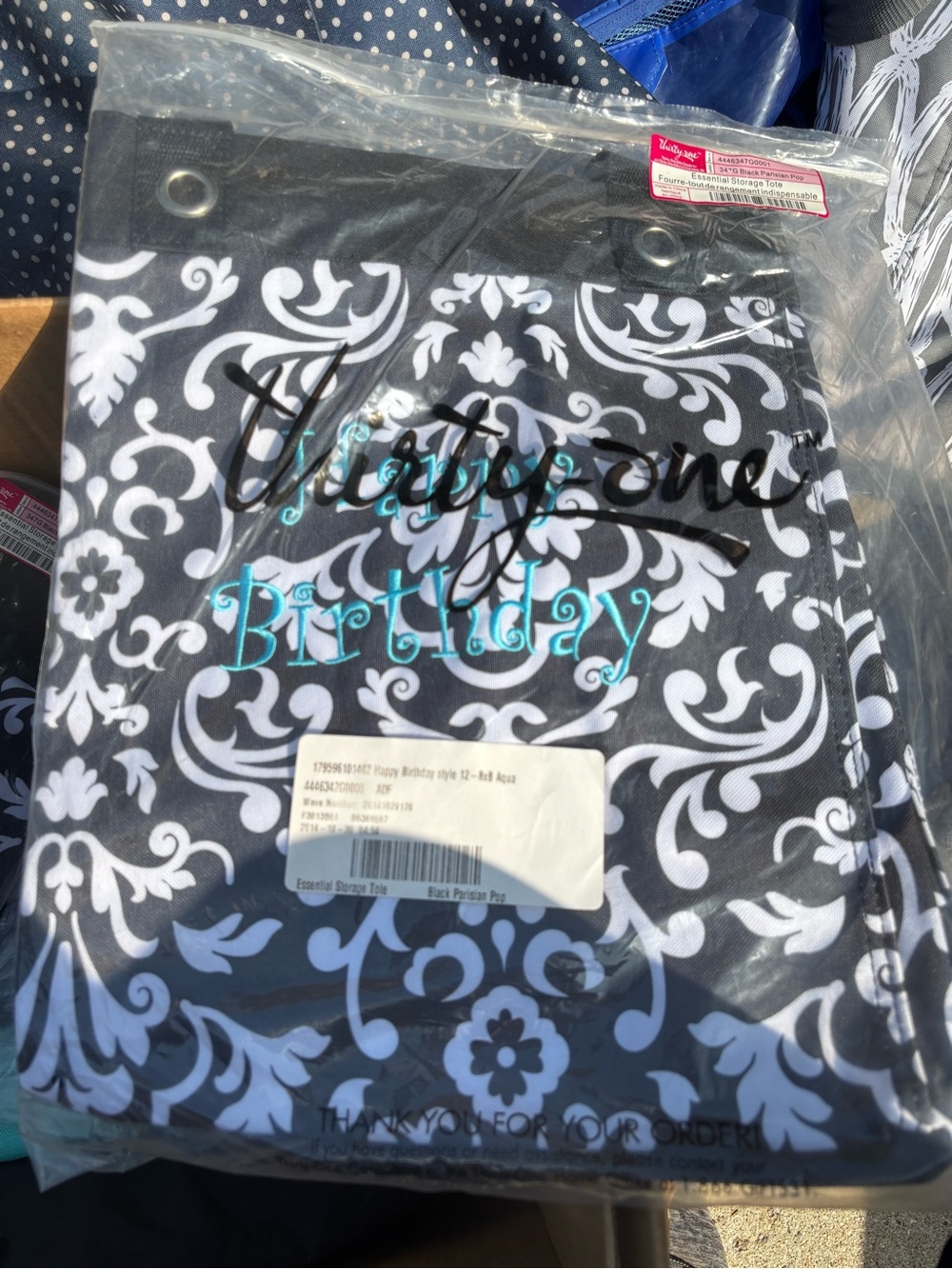 Thirty-one  Black and White Floral Essential Tote. Happy Birthday Embroidered